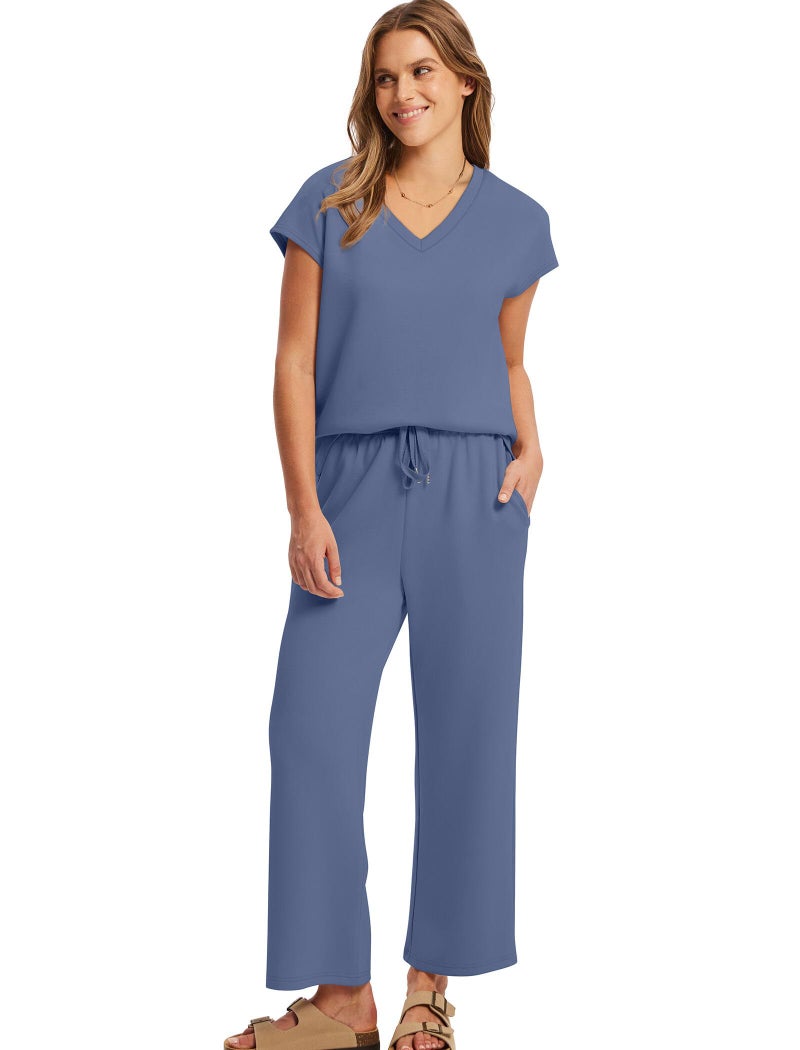 Saloogoe Workout Sets for Women Business Casual Summer Outfits Beach Vacation Clothes Wide Leg Crop Pants Woman Airport Travel Outfits V Nech Cap Sleeve Tops Blue S - Image 3