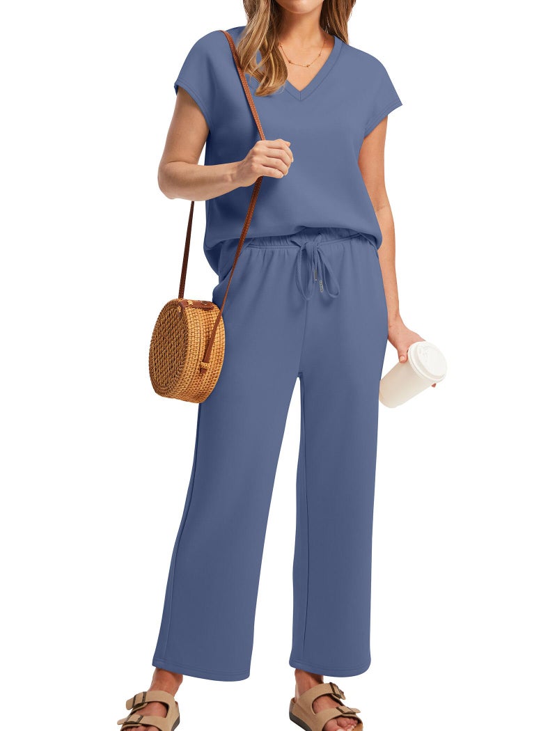 Saloogoe Workout Sets for Women Business Casual Summer Outfits Beach Vacation Clothes Wide Leg Crop Pants Woman Airport Travel Outfits V Nech Cap Sleeve Tops Blue S - Image 2