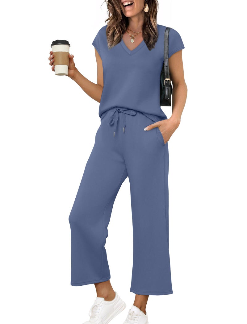 Saloogoe Workout Sets for Women Business Casual Summer Outfits Beach Vacation Clothes Wide Leg Crop Pants Woman Airport Travel Outfits V Nech Cap Sleeve Tops Blue S - Image 1