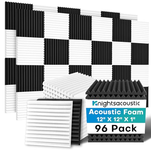 Knightsacoustic 96 Pack Sound Proof Foam Panels for Walls, 1 X 12 X 12 Inches Acoustic Foam Panels, High Density Acoustic Panels Sound Absorbing, Black White Noise Cancelling Studio Wedges (NOT INCLUDE ADHESIVE) - Image 1