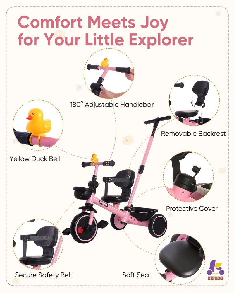 KRIDDO 2-in-1 Tricycle for Toddlers 1.5-5 Years, Push Tricycle with Parent Steering Detachable Handle, 9-Stage Adjustable Handlebar, Toddler Trike with Safety Belt, Clutch Pedals & Dual Basket, Pink - Image 5