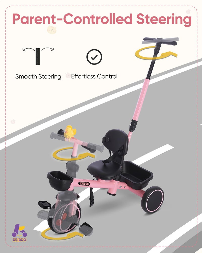 KRIDDO 2-in-1 Tricycle for Toddlers 1.5-5 Years, Push Tricycle with Parent Steering Detachable Handle, 9-Stage Adjustable Handlebar, Toddler Trike with Safety Belt, Clutch Pedals & Dual Basket, Pink - Image 3