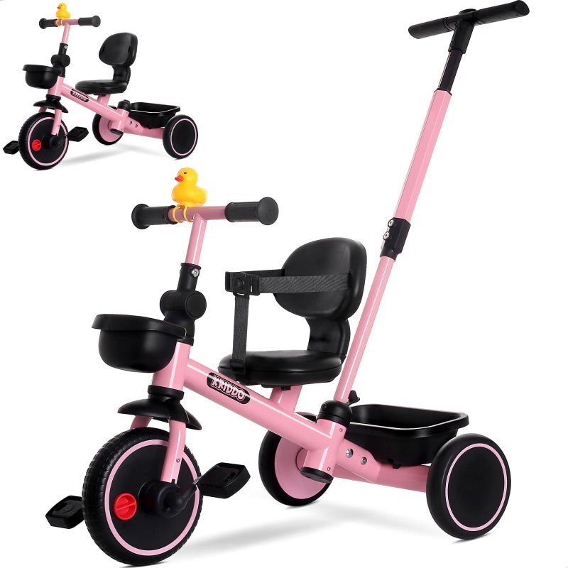 KRIDDO 2-in-1 Tricycle for Toddlers 1.5-5 Years, Push Tricycle with Parent Steering Detachable Handle, 9-Stage Adjustable Handlebar, Toddler Trike with Safety Belt, Clutch Pedals & Dual Basket, Pink - Image 1