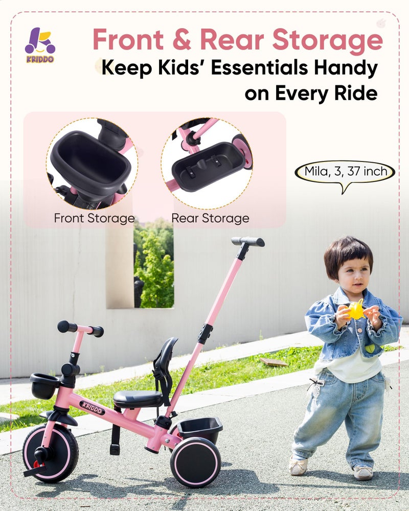 KRIDDO 2-in-1 Tricycle for Toddlers 1.5-5 Years, Push Tricycle with Parent Steering Detachable Handle, 9-Stage Adjustable Handlebar, Toddler Trike with Safety Belt, Clutch Pedals & Dual Basket, Pink - Image 4