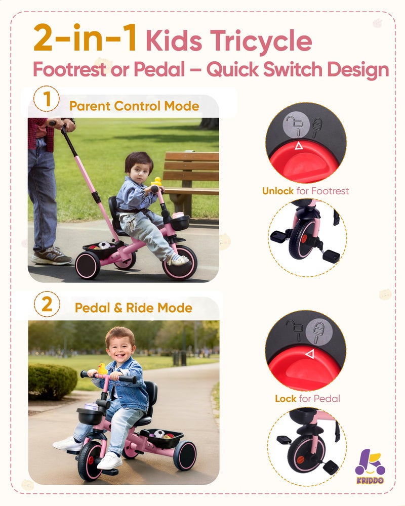 KRIDDO 2-in-1 Tricycle for Toddlers 1.5-5 Years, Push Tricycle with Parent Steering Detachable Handle, 9-Stage Adjustable Handlebar, Toddler Trike with Safety Belt, Clutch Pedals & Dual Basket, Pink - Image 2