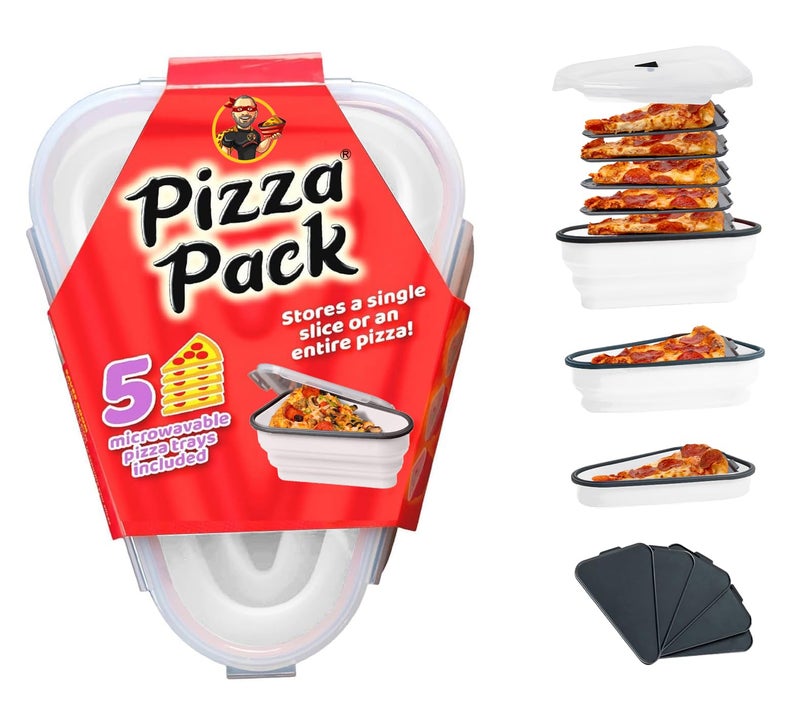 PIZZA PACK حزمة البيتزا المثالية - حاوية تخزين البيتزا القابلة لإعادة الاستخدام مع 5 صواني قابلة للخدمة ميكروويف - حاوية شريحة بيتزا قابلة للتعديل خالية من BPA لتنظيم وتوفير الفضاء الأبيض - Image 1