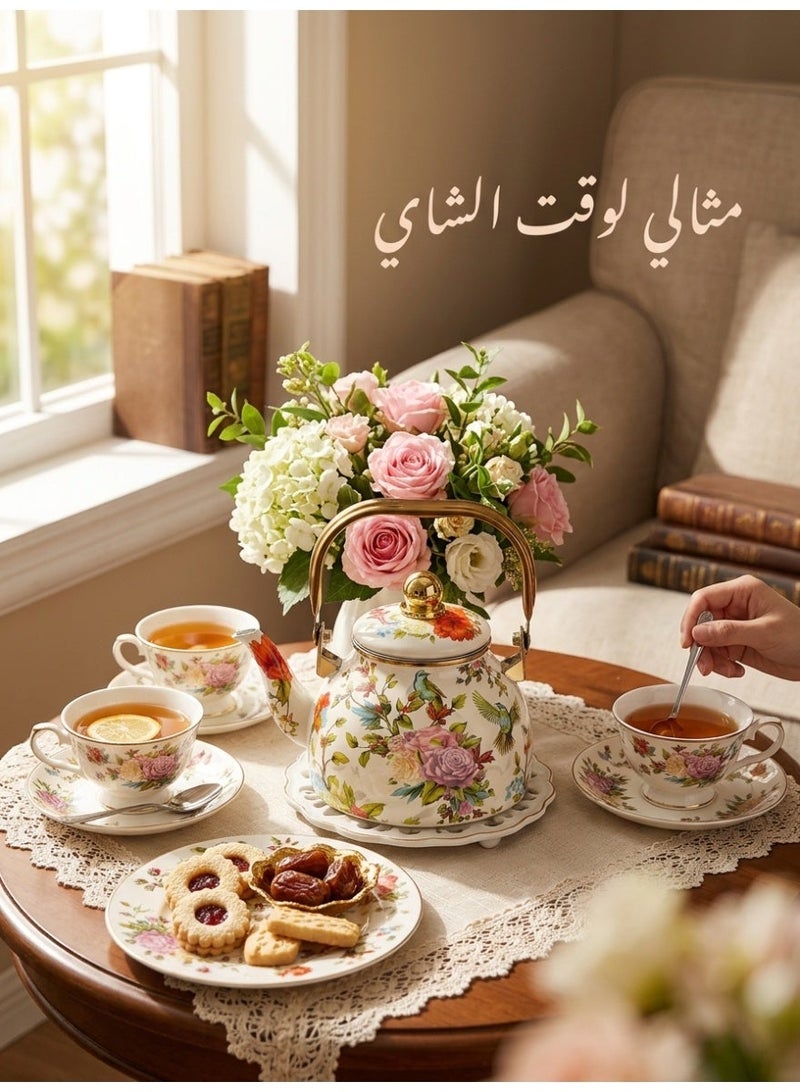 uoobox 2.5L Enamel Teapot, Flower And Bird Pattern Kettle With Tea Infuser, Tea Pot, Perfect for Arabic Coffee, Tea, Boiling Water, and Milk - Image 5
