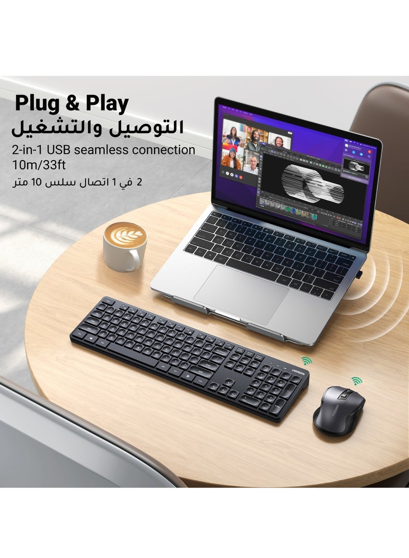 Ugreen Wireless Keyboard English/Arabic and Mouse Combo, 2.4G Ergonomic Computer Keyboard Mouse with USB Receiver for PC, Laptop, Desktop, 5 DPI Adjustable/104 Keys Number Pad, Silent Compact USB Mouse Keyboard Set - Image 2