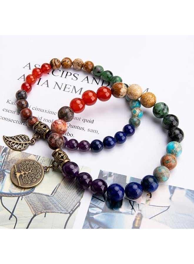 Bivei Natural Semi Precious Gemstone Beads Bracelet for Women - Tree of Life and Leaf Charm Chakra Energy Healing Anxiety Stretch Bracelets - Image 3