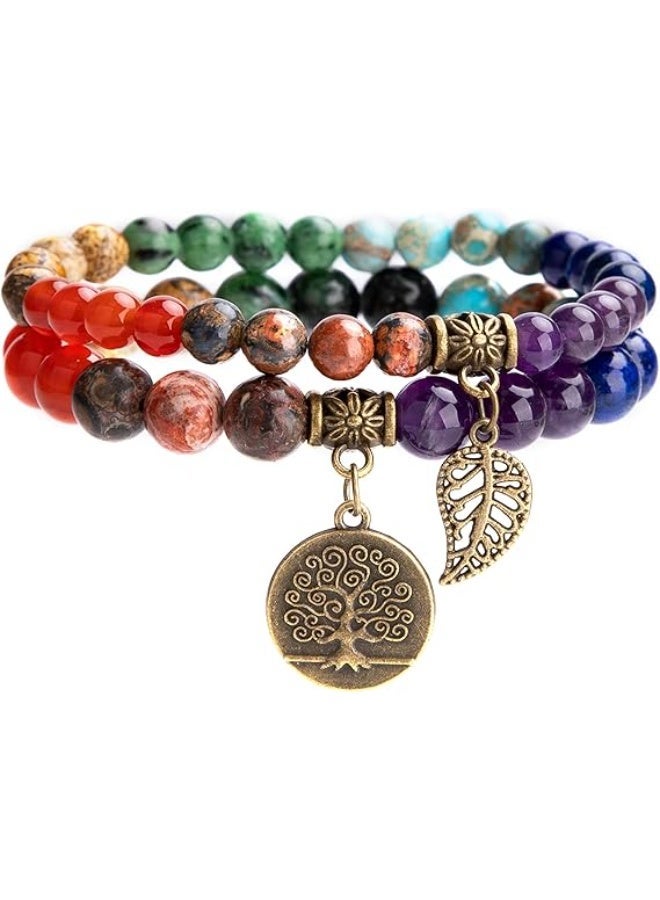 Bivei Natural Semi Precious Gemstone Beads Bracelet for Women - Tree of Life and Leaf Charm Chakra Energy Healing Anxiety Stretch Bracelets - Image 1