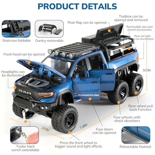 FRJV Toy Trucks for Boys 132 Diecast Trucks Mammoth Model TruckCollectible Pickup Truck Model KitPull Back Cars with Lights and SoundsToy Trucks for Boys Age 47Blue - Image 5