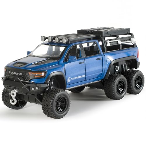 FRJV Toy Trucks for Boys 132 Diecast Trucks Mammoth Model TruckCollectible Pickup Truck Model KitPull Back Cars with Lights and SoundsToy Trucks for Boys Age 47Blue - Image 1
