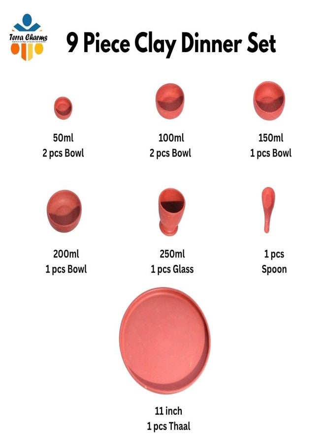 Terra Charms Dinner Thali Premium Clay Thali Set - Traditional Indian Dinnerware for a Touch of Heritage | Earthenware| Terracotta Thali Set- Elegant and Eco-Friendly Tableware 9 Pc Set - Image 2