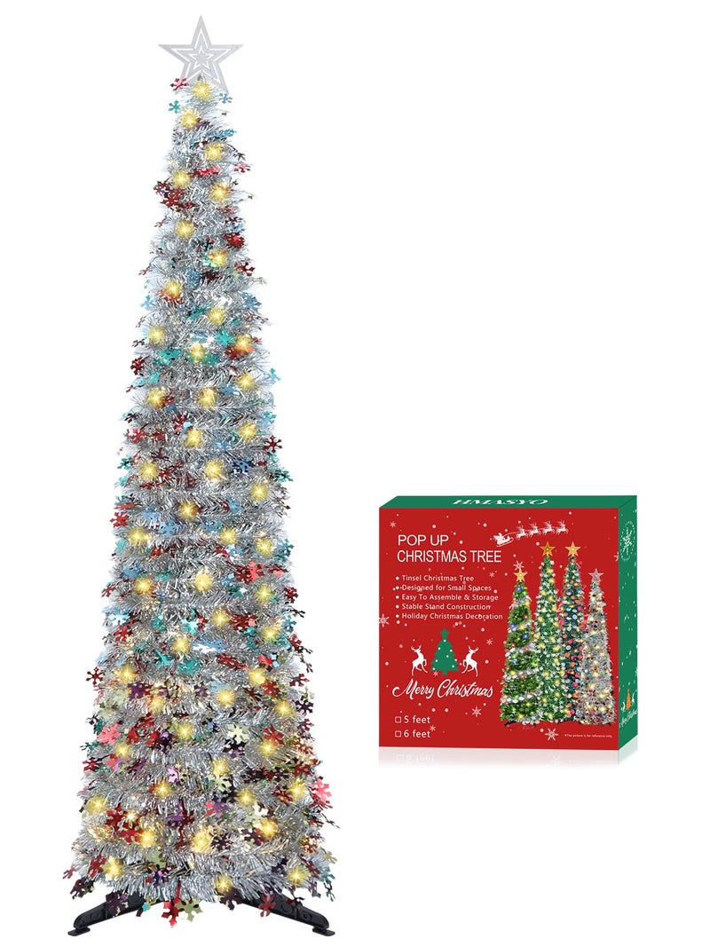 HMASYO 5 FT Pop Up Christmas Tree with Timer Lights, Colored Silver Tinsel Snowflake Christmas Tree, Collapsible Artificial Pencil Tree Xmas Decoration for Home, Office, Party, Easy Assembly - Image 1