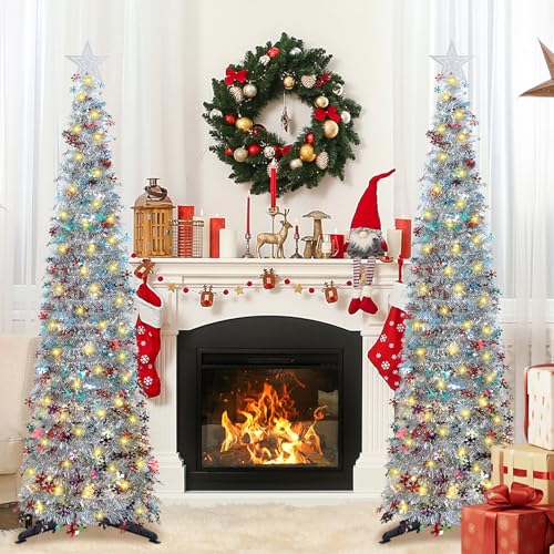 HMASYO 5 FT Pop Up Christmas Tree with Timer Lights, Colored Silver Tinsel Snowflake Christmas Tree, Collapsible Artificial Pencil Tree Xmas Decoration for Home, Office, Party, Easy Assembly - Image 3