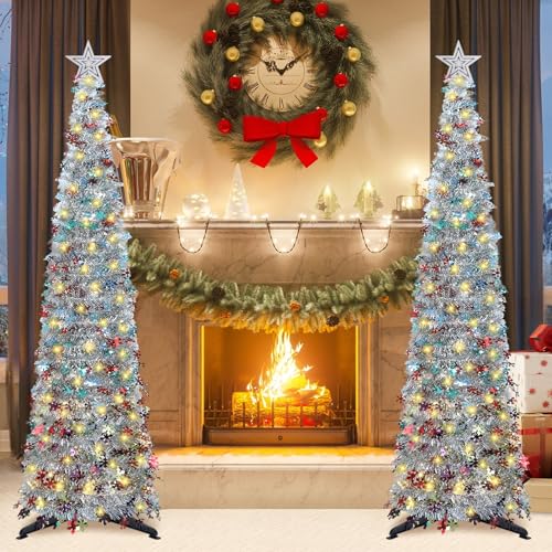 HMASYO 5 FT Pop Up Christmas Tree with Timer Lights, Colored Silver Tinsel Snowflake Christmas Tree, Collapsible Artificial Pencil Tree Xmas Decoration for Home, Office, Party, Easy Assembly - Image 5