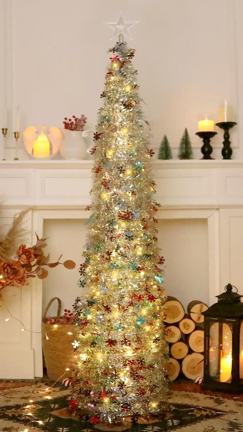 HMASYO 5 FT Pop Up Christmas Tree with Timer Lights, Colored Silver Tinsel Snowflake Christmas Tree, Collapsible Artificial Pencil Tree Xmas Decoration for Home, Office, Party, Easy Assembly - Image 4