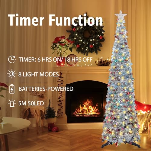 HMASYO 5 FT Pop Up Christmas Tree with Timer Lights, Colored Silver Tinsel Snowflake Christmas Tree, Collapsible Artificial Pencil Tree Xmas Decoration for Home, Office, Party, Easy Assembly - Image 2
