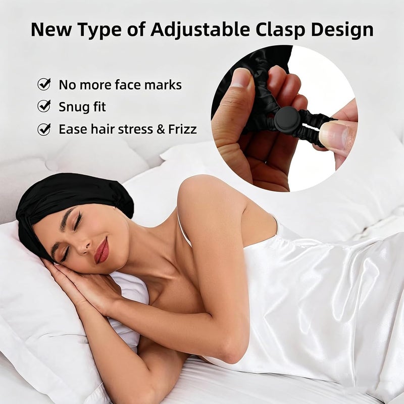 Tazweeq Adjustable Satin Silk Hair Bonnet, Double Layer Sleeping Hair Wrap with Elastic Drawstring, Night Hair Care Cap for Curly, Braid, Straight Hair, Unisex for Men & Women, Black - Image 2