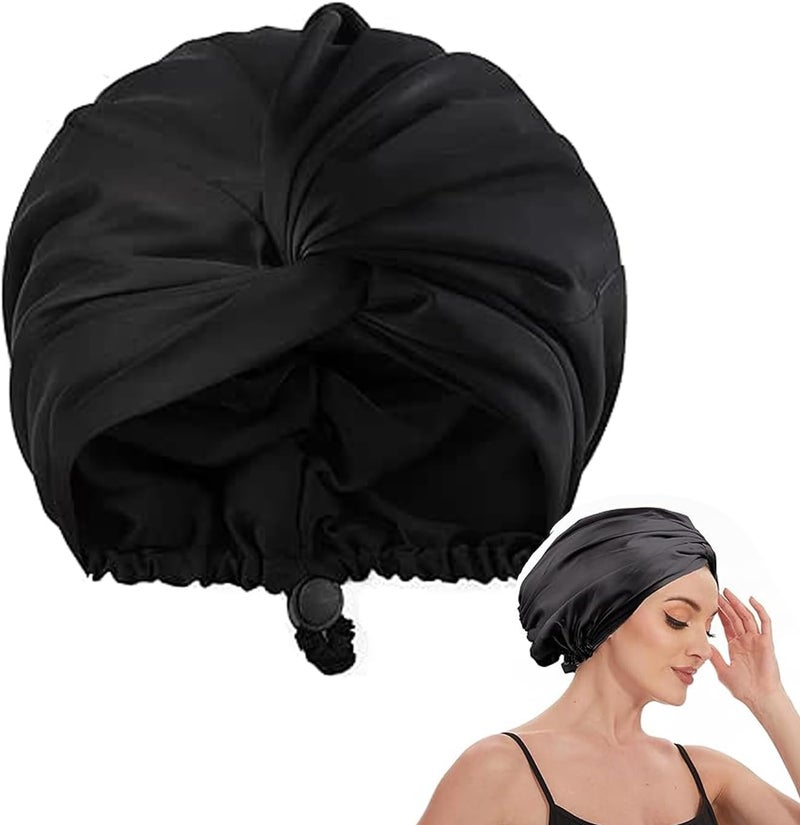 Tazweeq Adjustable Satin Silk Hair Bonnet, Double Layer Sleeping Hair Wrap with Elastic Drawstring, Night Hair Care Cap for Curly, Braid, Straight Hair, Unisex for Men & Women, Black - Image 1