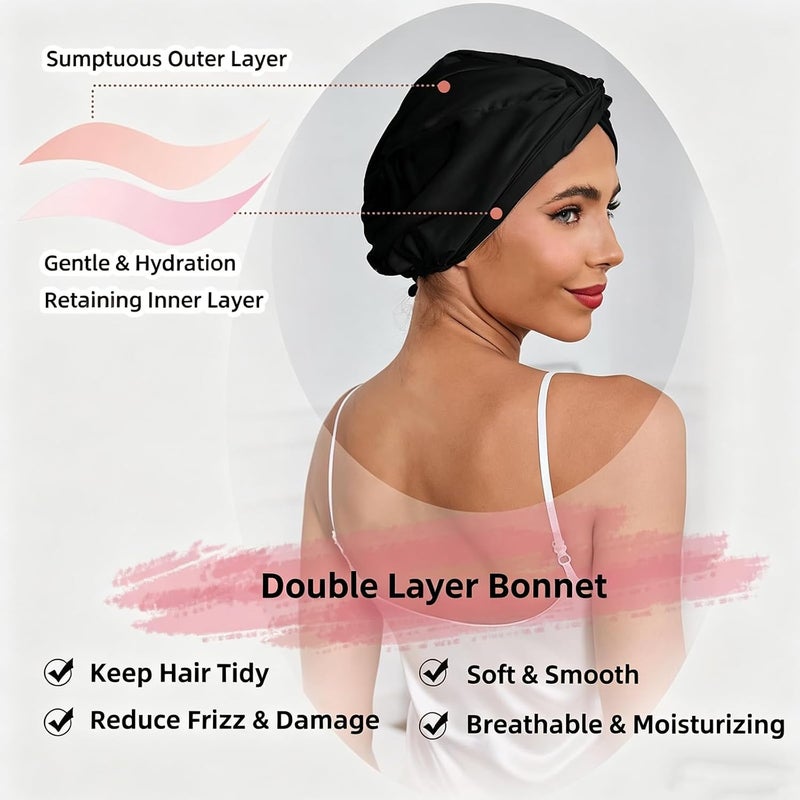 Tazweeq Adjustable Satin Silk Hair Bonnet, Double Layer Sleeping Hair Wrap with Elastic Drawstring, Night Hair Care Cap for Curly, Braid, Straight Hair, Unisex for Men & Women, Black - Image 3