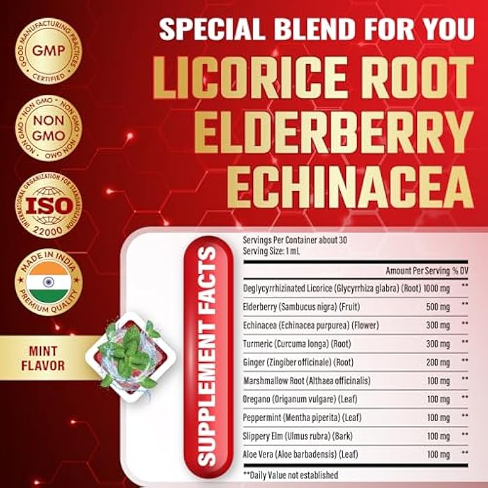 Tenmido 10in1 Licorice Root Extract Liquid Drops with Elderberry, Echinacea, Turmeric, Ginger, Marshmallow Root, Oregano, Peppermint, Slippery Elm, and Aloe Vera - 30ml 1 Fl Oz - Image 3