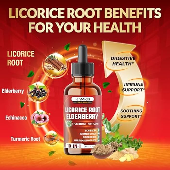 Tenmido 10in1 Licorice Root Extract Liquid Drops with Elderberry, Echinacea, Turmeric, Ginger, Marshmallow Root, Oregano, Peppermint, Slippery Elm, and Aloe Vera - 30ml 1 Fl Oz - Image 5