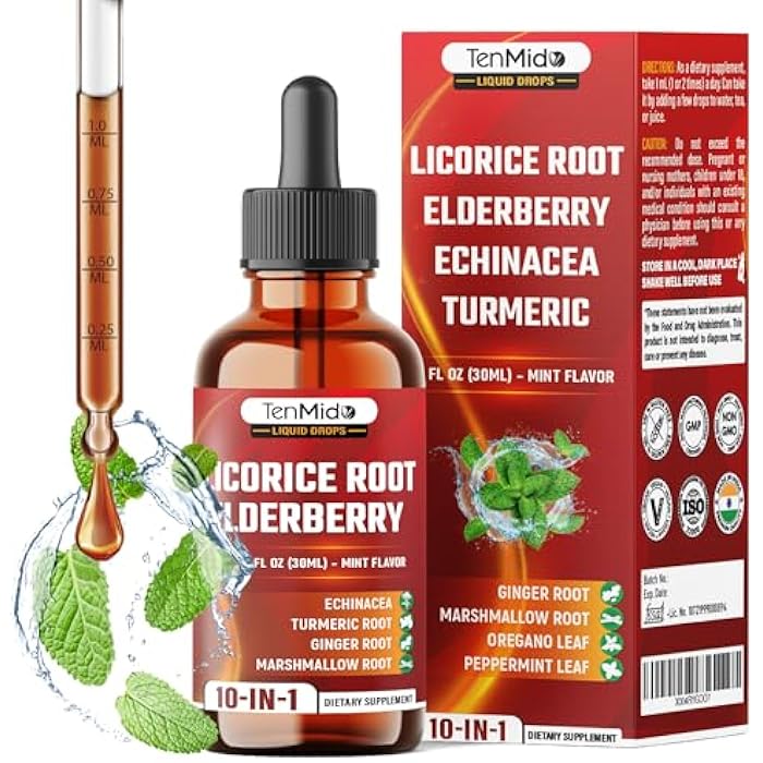 Tenmido 10in1 Licorice Root Extract Liquid Drops with Elderberry, Echinacea, Turmeric, Ginger, Marshmallow Root, Oregano, Peppermint, Slippery Elm, and Aloe Vera - 30ml 1 Fl Oz - Image 1
