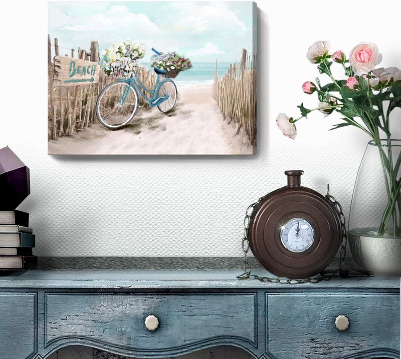 amatop Beach Canvas Wall Art for Bathroom Ocean Pictures Seaside Bicycle Canvas Print Seascape Painting Framed Teal Aqua Blue Calming Shoreside Artwork for Modern Coastal Themed Lake Home Bedroom Décor Ready - Image 3