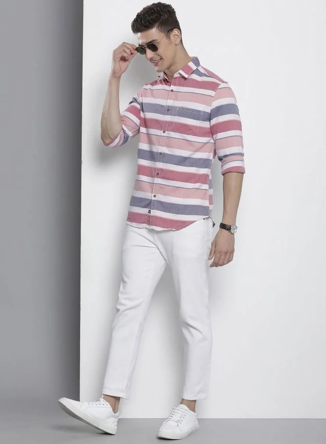 The Indian Garage Co Men Slim Fit Striped Full Sleeves Cutaway Collar Casual Shirt
