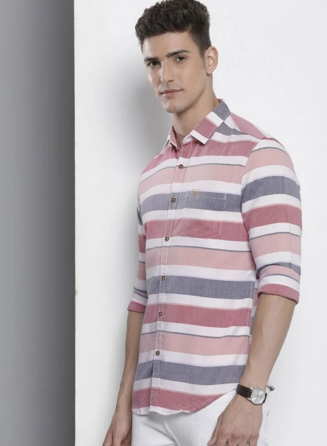The Indian Garage Co Men Slim Fit Striped Full Sleeves Cutaway Collar Casual Shirt