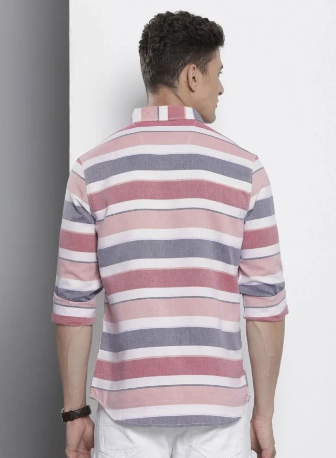The Indian Garage Co Men Slim Fit Striped Full Sleeves Cutaway Collar Casual Shirt