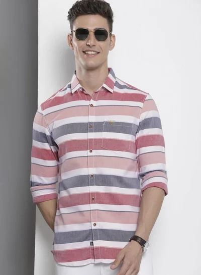 The Indian Garage Co Men Slim Fit Striped Full Sleeves Cutaway Collar Casual Shirt