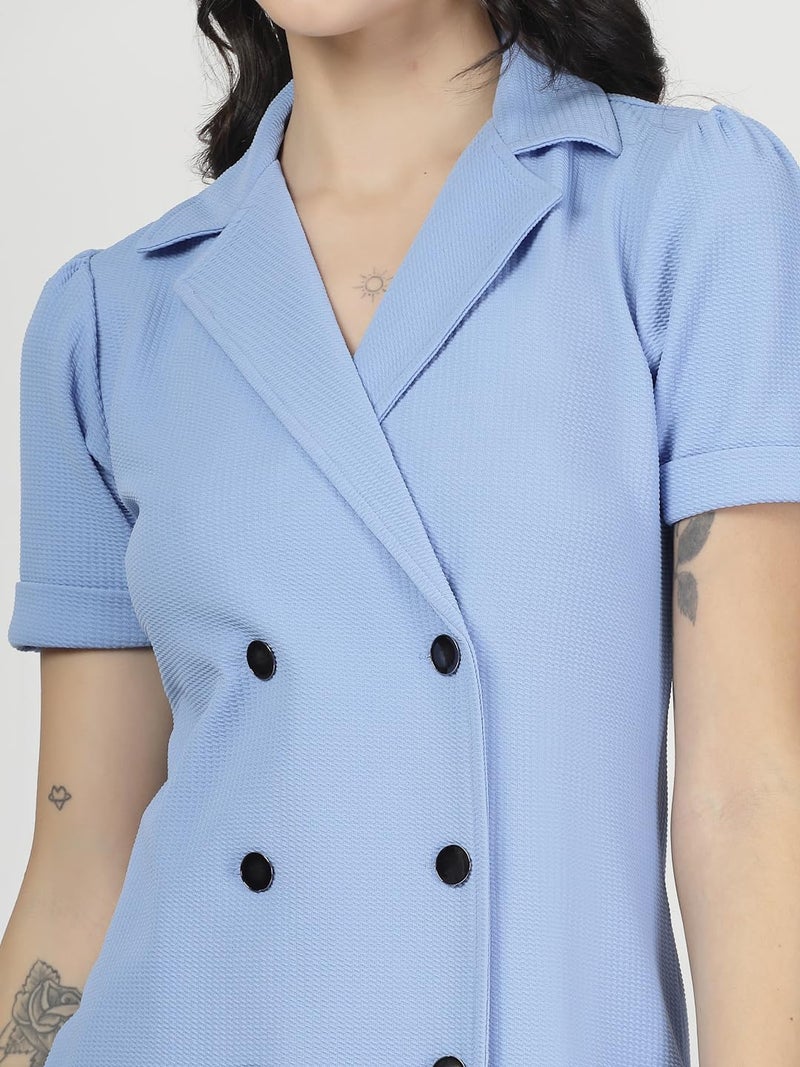 Style Quotient Women Solid Blue Polyknit Blazer Dress - Image 2