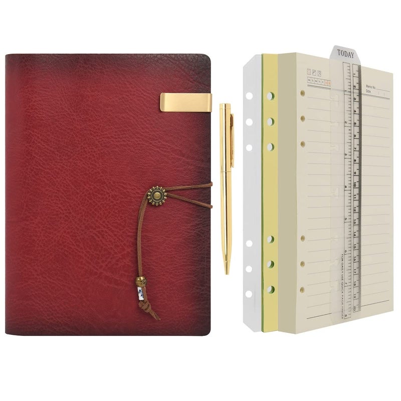 Wonderpool Leather Journal A5 Refillable 6 Ring Binder Notebook with Lined Paper and Pen,Writing Diary for Work Travel and Agenda Plan (A5, Wine red)