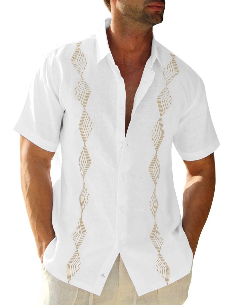 Makkrom Men Cuban Guayabera Shirts Linen Short Sleeve Button Down Cotton Mexican Beach Wedding Shirt White - Image 1