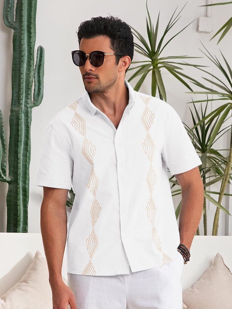 Makkrom Men Cuban Guayabera Shirts Linen Short Sleeve Button Down Cotton Mexican Beach Wedding Shirt White - Image 3
