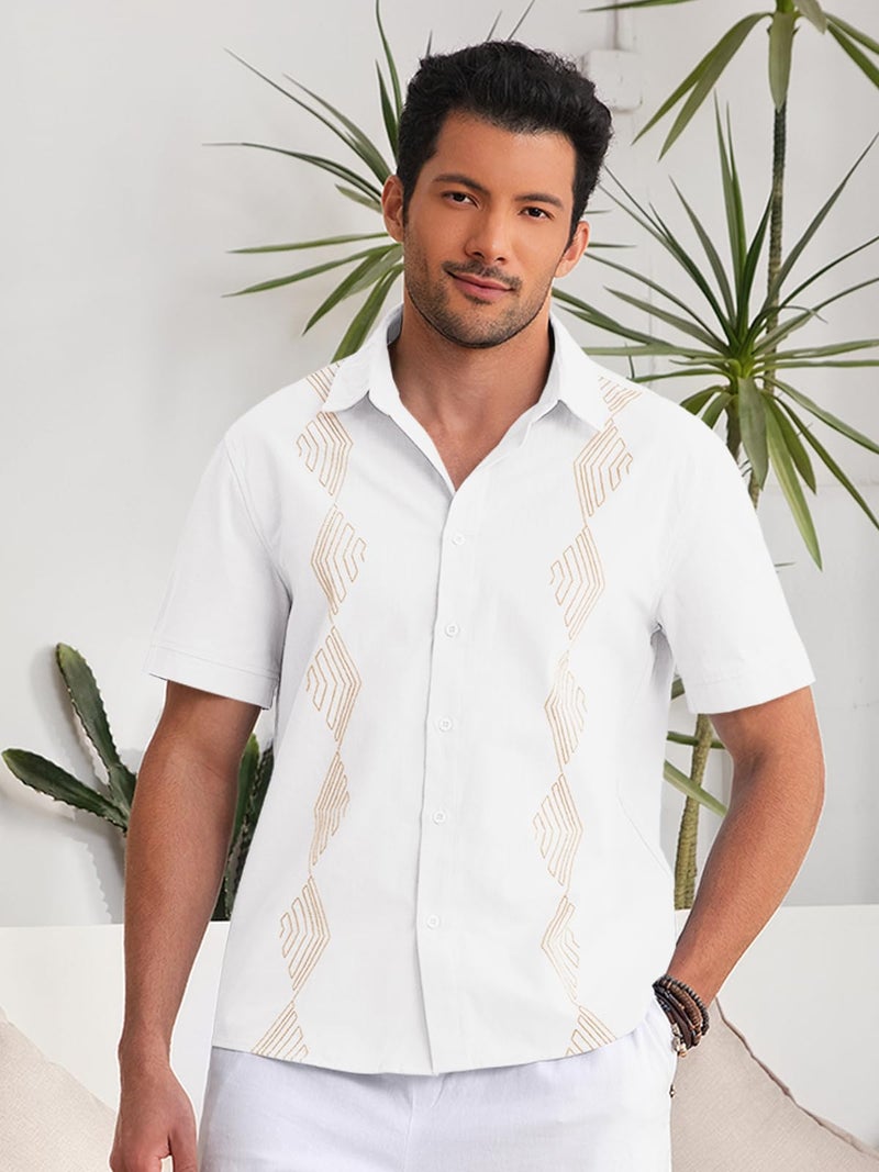 Makkrom Men Cuban Guayabera Shirts Linen Short Sleeve Button Down Cotton Mexican Beach Wedding Shirt White - Image 2