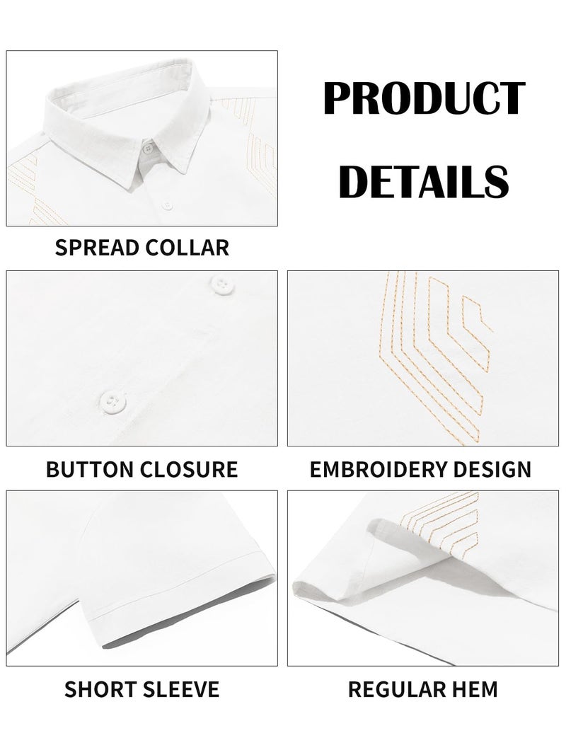 Makkrom Men Cuban Guayabera Shirts Linen Short Sleeve Button Down Cotton Mexican Beach Wedding Shirt White - Image 5