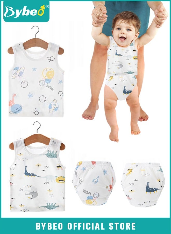 Bybeo 4 PCS Baby Clothes Set, Round Neck Sleeveless Printed T-Shirt + Elastic Waist Potty Training Underwear for Boys and Girls - Image 1