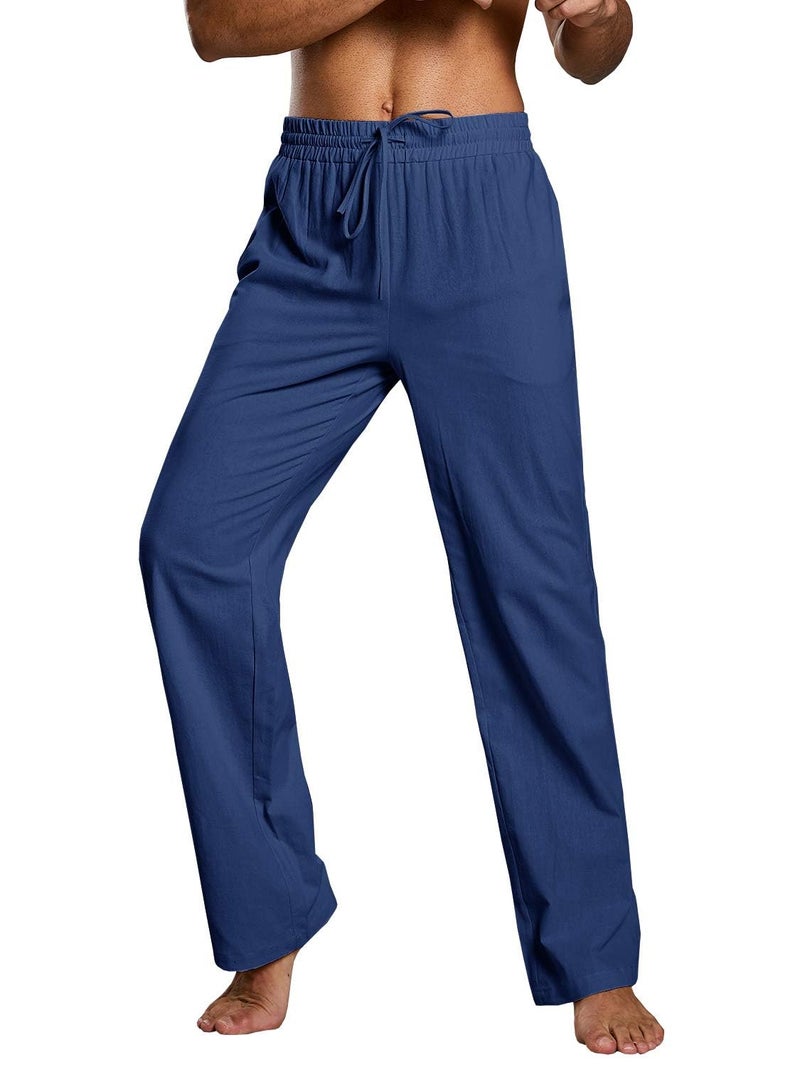 PASLTER Mens Casual Linen Pants Loose Fit Elastic Drawstring Waist Straight-Legs Summer Yoga Beach Long Pants - Image 2