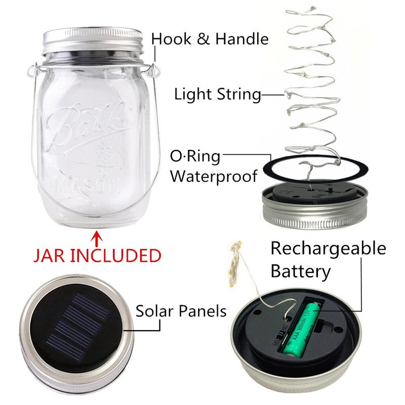 CHBJDAN CHBKT 4-Pack Solar-powered Mason Jar Lights (Mason Jar / Handle Included),20 Bulbs Jar Hanging Light,Garden Outdoor Solar / Hanging Lantern,Decor Solar Light,Table Light,Patio Path Light,Warm White - Image 4