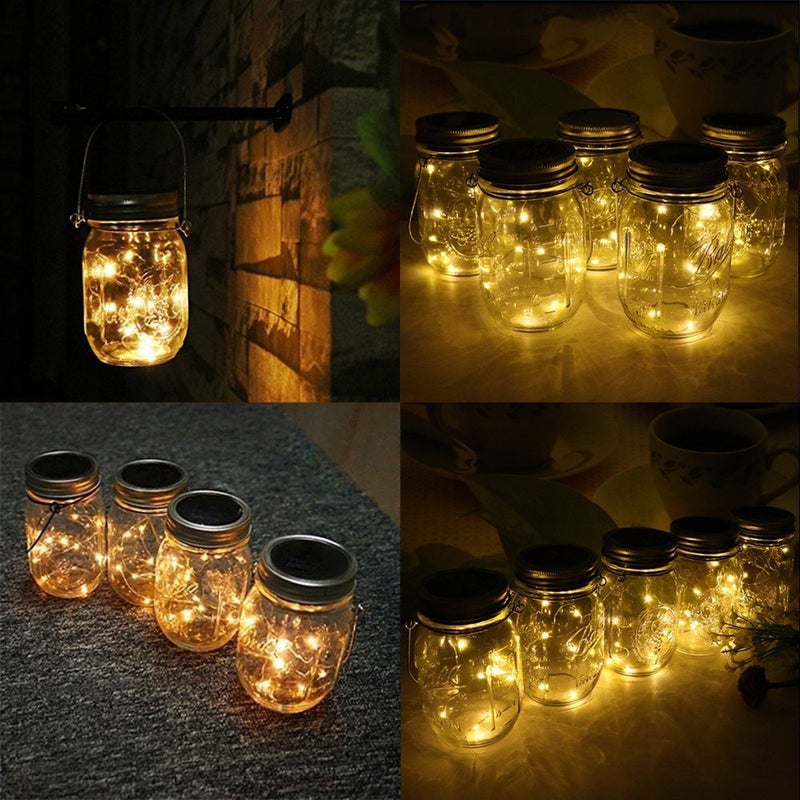 CHBJDAN CHBKT 4-Pack Solar-powered Mason Jar Lights (Mason Jar / Handle Included),20 Bulbs Jar Hanging Light,Garden Outdoor Solar / Hanging Lantern,Decor Solar Light,Table Light,Patio Path Light,Warm White - Image 2