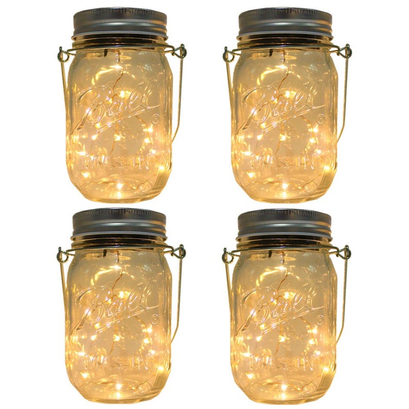 CHBJDAN CHBKT 4-Pack Solar-powered Mason Jar Lights (Mason Jar / Handle Included),20 Bulbs Jar Hanging Light,Garden Outdoor Solar / Hanging Lantern,Decor Solar Light,Table Light,Patio Path Light,Warm White - Image 1