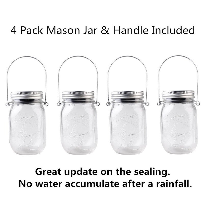 CHBJDAN CHBKT 4-Pack Solar-powered Mason Jar Lights (Mason Jar / Handle Included),20 Bulbs Jar Hanging Light,Garden Outdoor Solar / Hanging Lantern,Decor Solar Light,Table Light,Patio Path Light,Warm White - Image 5