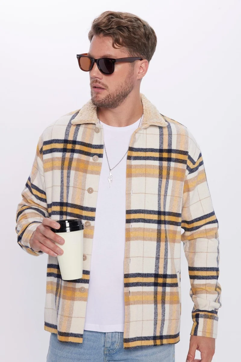 Tudors Men's Relax Fit Casual Cut Lumberjack Jacket Style Plush Collar Plaid Winter Shirt