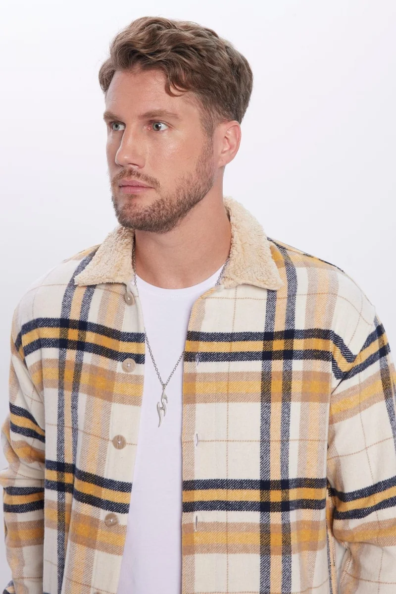 Tudors Men's Relax Fit Casual Cut Lumberjack Jacket Style Plush Collar Plaid Winter Shirt