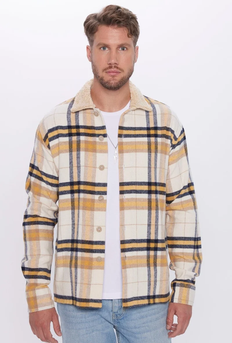 Tudors Men's Relax Fit Casual Cut Lumberjack Jacket Style Plush Collar Plaid Winter Shirt