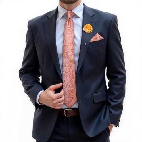 DiBanGu Silk Ties for Men Necktie and Lapel Pin Brooch Set Formal Woven Paisley Plaid Striped Solid Tie Wedding Party, Coral Orange - Image 2