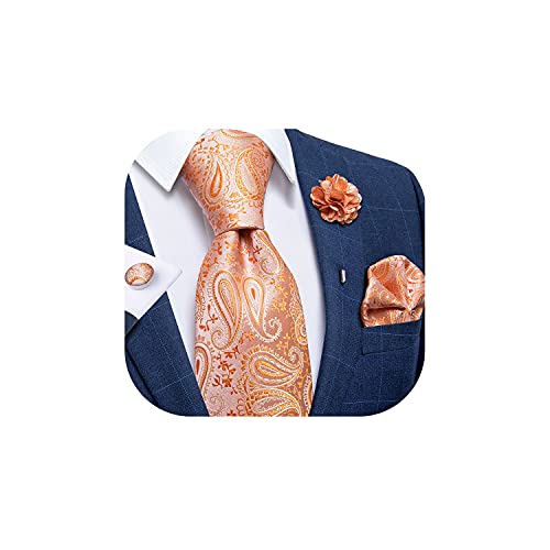 DiBanGu Silk Ties for Men Necktie and Lapel Pin Brooch Set Formal Woven Paisley Plaid Striped Solid Tie Wedding Party, Coral Orange - Image 1